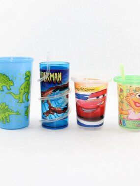 Lot of 4 Kids Character Plastic Cups - Spider-Man Elmo Dino Lightning McQueen